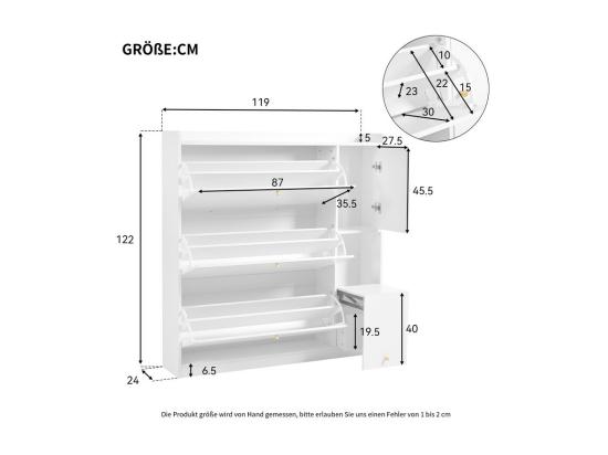 Vente Unique Meuble à Chaussures Multifonction 119x24x122cm - Avec 3 Tiroirs Rabattables - Avec Banc Rabattable - Avec Une Porte - Blanc