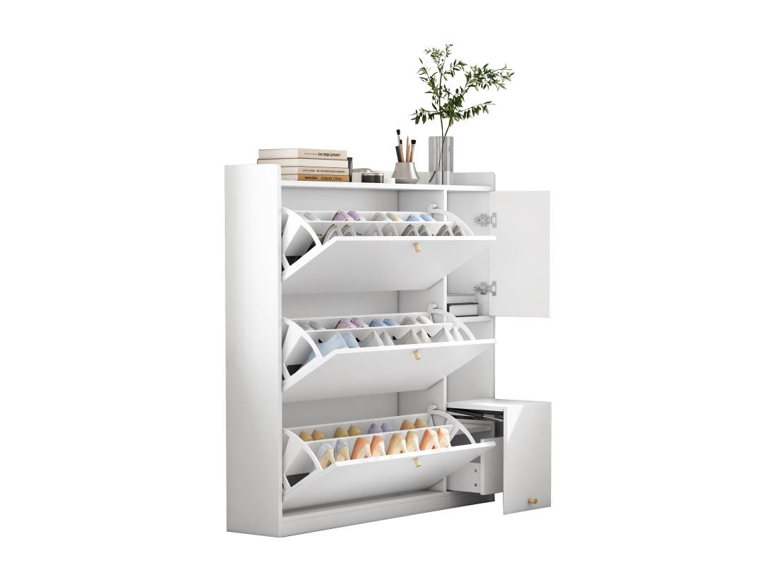 Vente Unique Meuble à Chaussures Multifonction 119x24x122cm - Avec 3 Tiroirs Rabattables - Avec Banc Rabattable - Avec Une Porte - Blanc