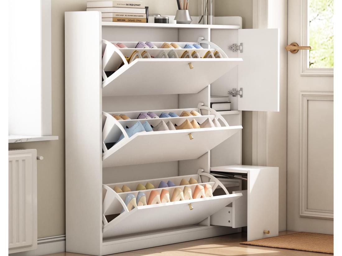 vente unique Meuble à chaussures multifonction 119x24x122cm - avec 3 tiroirs rabattables - avec banc rabattable - avec une porte - blanc