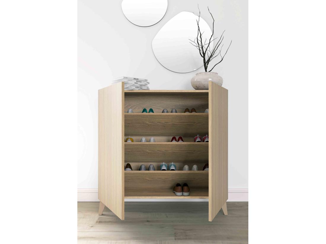 Vente Unique Meuble à Chaussures/rangement - H87cm X L90cm X P27cm Chêne Portes Impression Lattes - Sunne