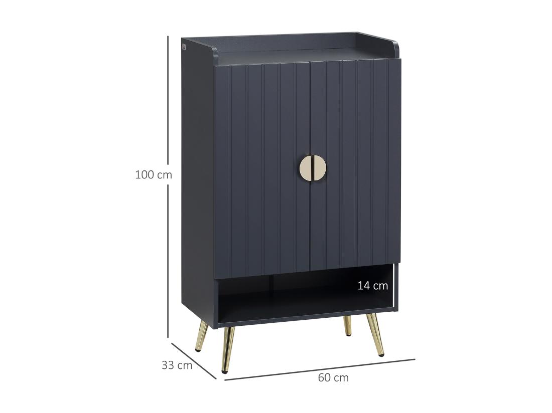 Vente Unique Meuble à Chaussures Style Art Déco 2 Portes 3 étagères Réglables Niche Acier Doré Panneaux Gris