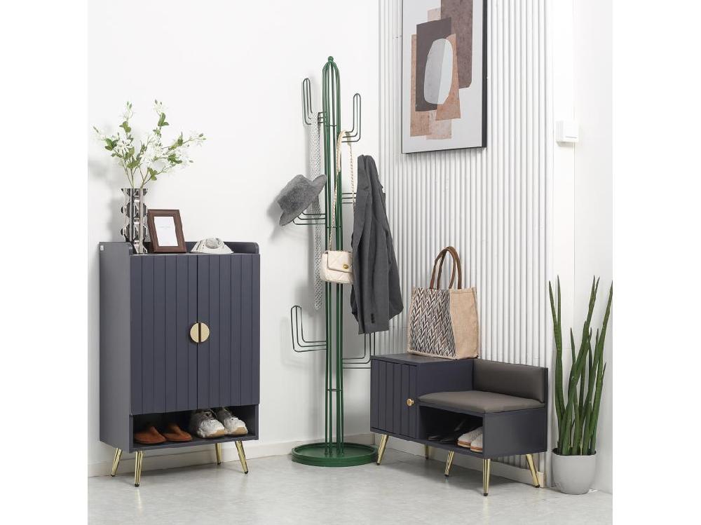 Vente Unique Meuble à Chaussures Style Art Déco 2 Portes 3 étagères Réglables Niche Acier Doré Panneaux Gris