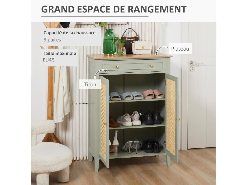 Vente Unique Meuble à Chaussures Style Bohème Chic - 2 Portes 2 étagères Réglables Tiroir - MDF Vert D'eau Aspect Chêne Clair Rotin