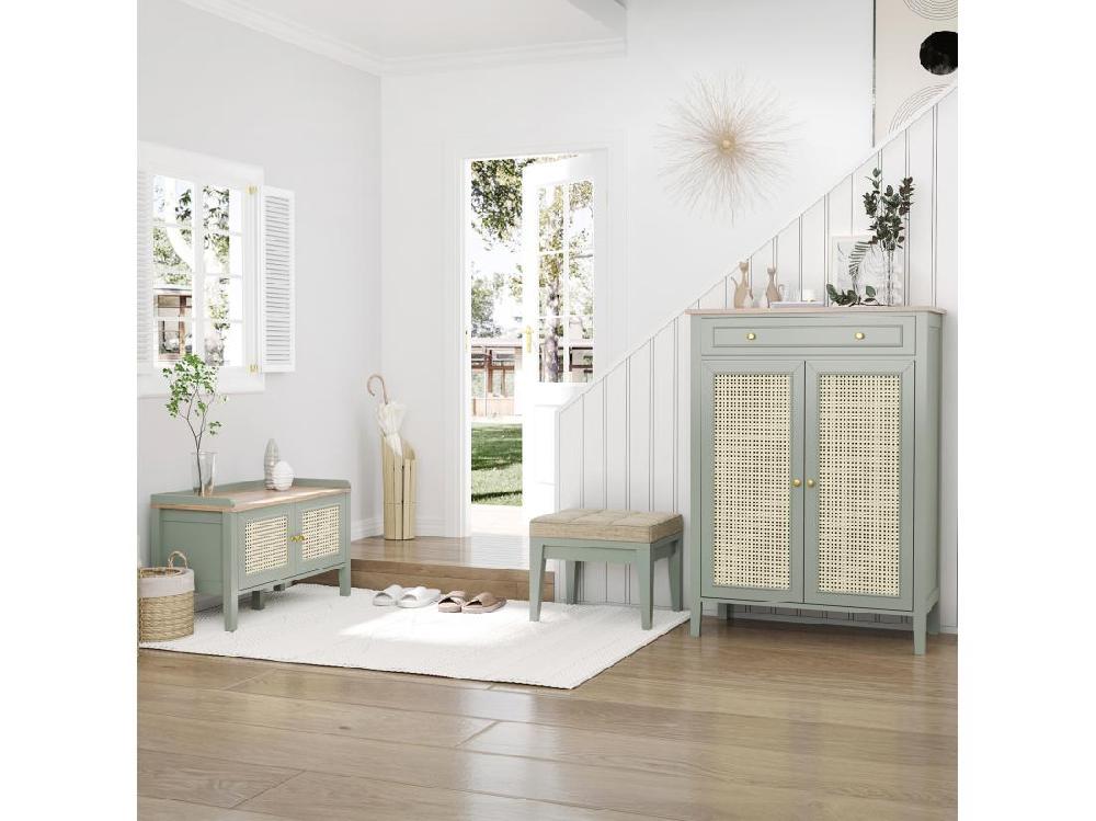 Vente Unique Meuble à Chaussures Style Bohème Chic - 2 Portes 2 étagères Réglables Tiroir - MDF Vert D'eau Aspect Chêne Clair Rotin