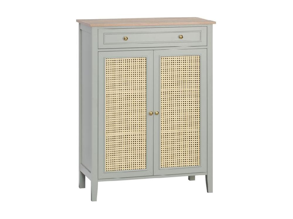 Vente Unique Meuble à Chaussures Style Bohème Chic - 2 Portes 2 étagères Réglables Tiroir - MDF Vert D'eau Aspect Chêne Clair Rotin