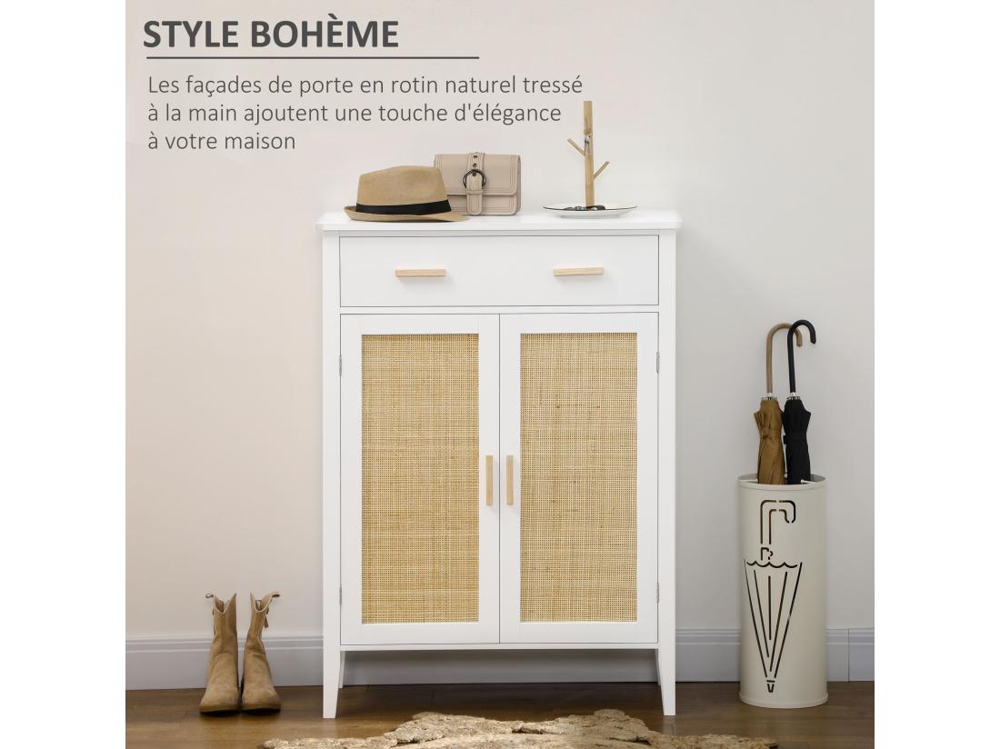 Vente Unique Meuble à Chaussures Style Bohème Chic - 2 Portes 3 étagères Tiroir - MDF Blanc Cannage Rotin