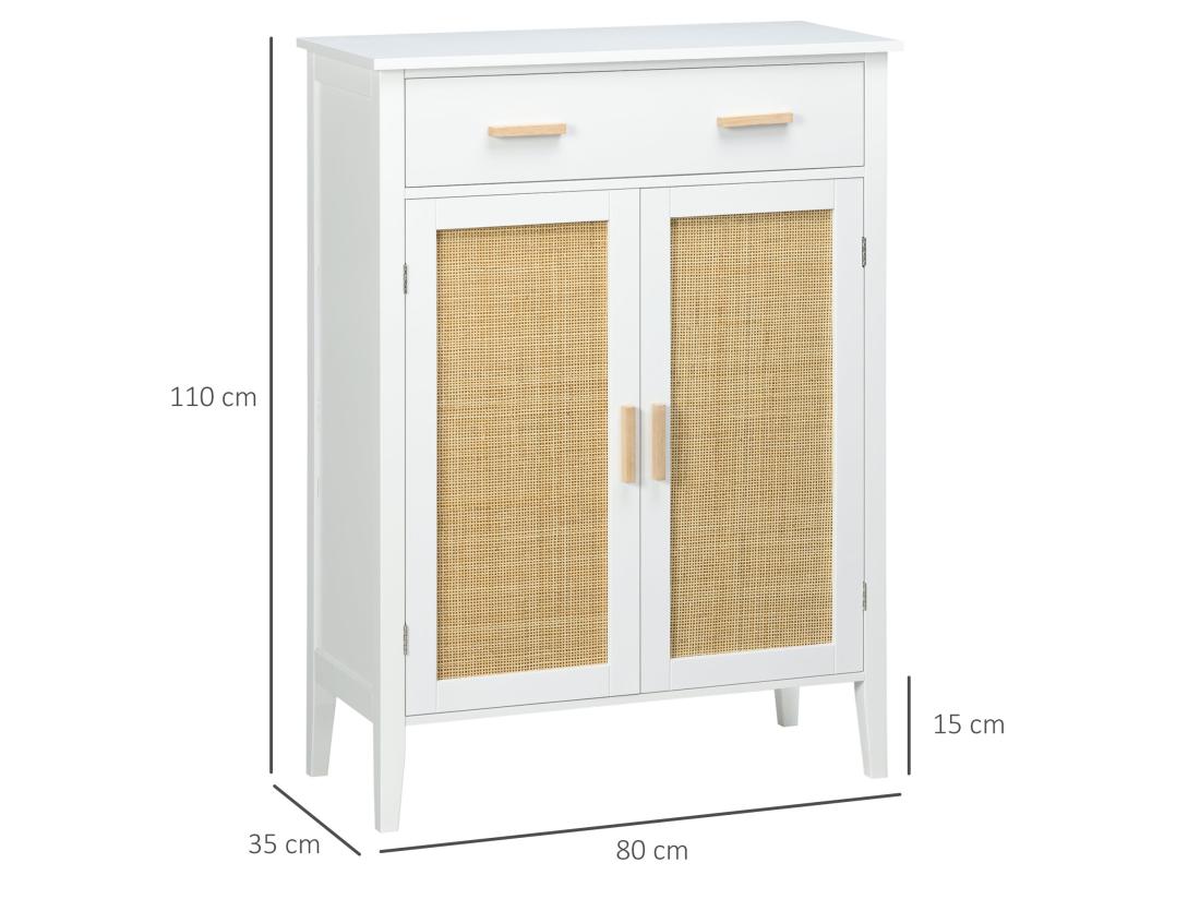 Vente Unique Meuble à Chaussures Style Bohème Chic - 2 Portes 3 étagères Tiroir - MDF Blanc Cannage Rotin