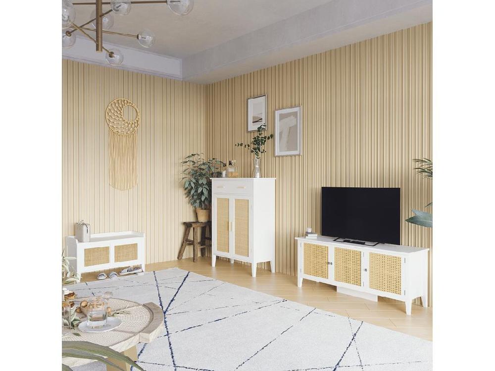 Vente Unique Meuble à Chaussures Style Bohème Chic - 2 Portes 3 étagères Tiroir - MDF Blanc Cannage Rotin