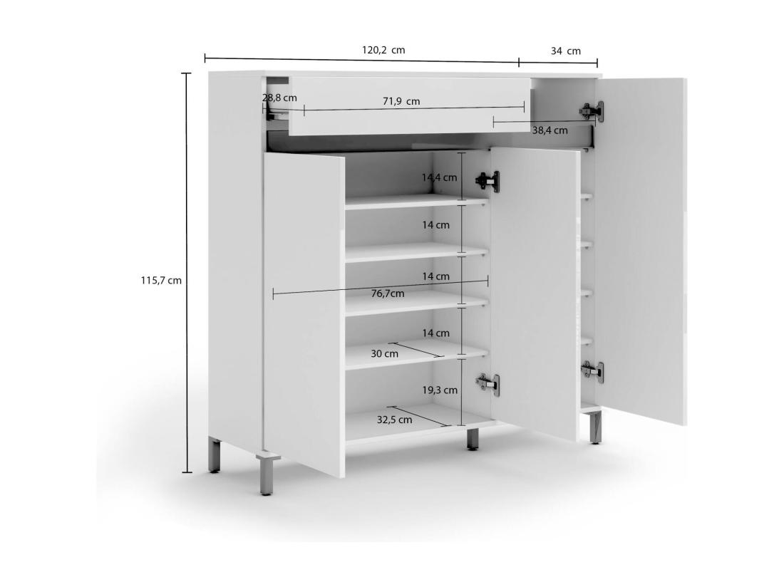 Vente Unique Meuble à Chaussures Windhoek Meuble à Chaussures Armoire D'entrée Polyvalente Rangement Pour Chaussures Made In Italy 120x34h115 Cm Blanc Brillant Et Anthracite