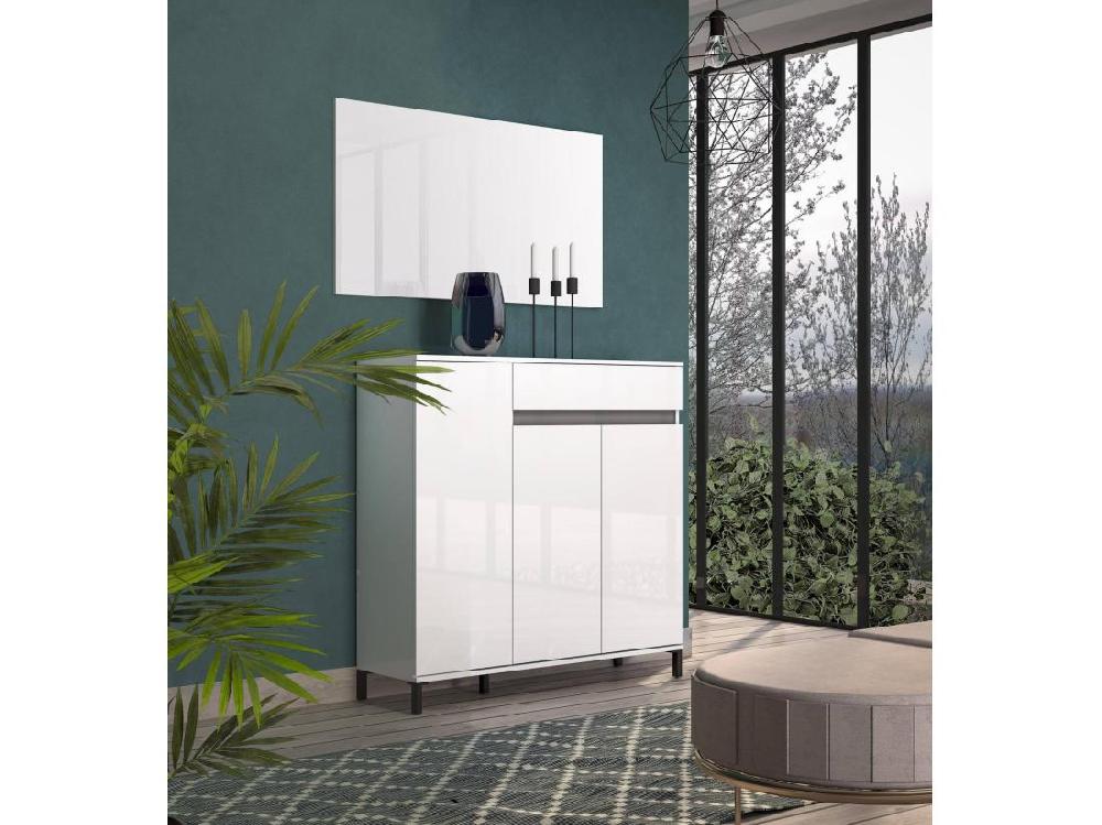 Vente Unique Meuble à Chaussures Windhoek Meuble à Chaussures Armoire D'entrée Polyvalente Rangement Pour Chaussures Made In Italy 120x34h115 Cm Blanc Brillant Et Anthracite
