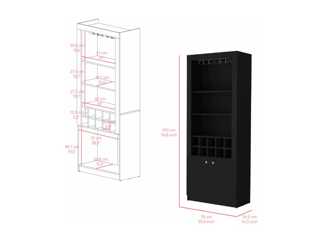 Vente Unique Meuble Bar En Mélamine Nebo Avec 4 étagères 2 Portes 10 Porte-bouteilles Et 8 Porte-verres Noir 190 Cm X 75 Cm X 36.5 Cm