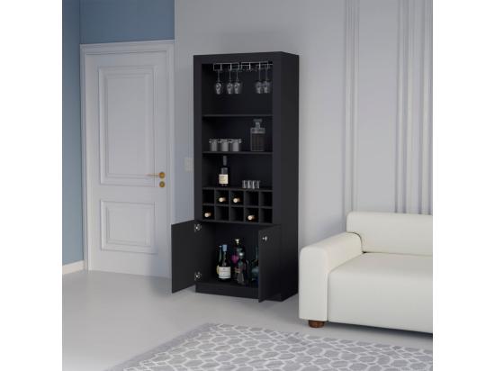 Vente Unique Meuble Bar En Mélamine Nebo Avec 4 étagères 2 Portes 10 Porte-bouteilles Et 8 Porte-verres Noir 190 Cm X 75 Cm X 36.5 Cm
