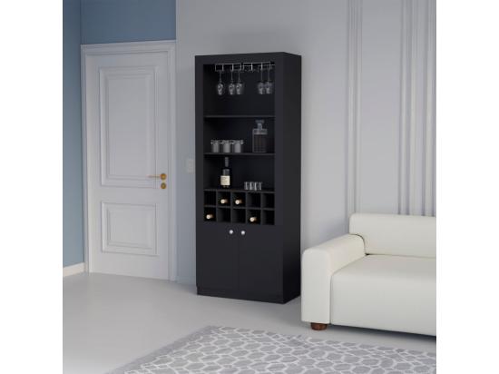 vente unique Meuble bar en mélamine Nebo avec 4 étagères 2 portes 10 porte-bouteilles et 8 porte-verres noir 190 cm X 75 cm X 36.5 cm
