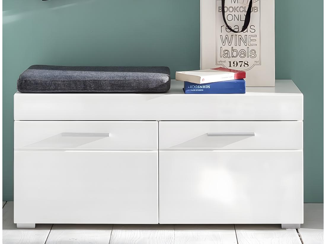 vente unique Meuble bas d'entrée : banc mélaminé blanc. 2 compartiments portes + étagères. L - H - P : 91 ] 42 |38 cm