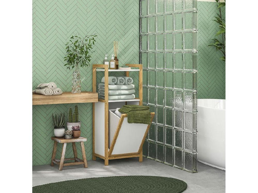 Vente Unique Meuble Bas De Salle De Bain Sur Pied - 2 étagères Panier à Linge - Dim. 40L X 30l X 86 5H Cm - Bambou MDF Blanc