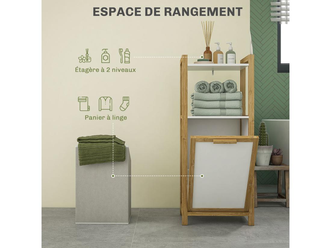 Vente Unique Meuble Bas De Salle De Bain Sur Pied - 2 étagères Panier à Linge - Dim. 40L X 30l X 86 5H Cm - Bambou MDF Blanc