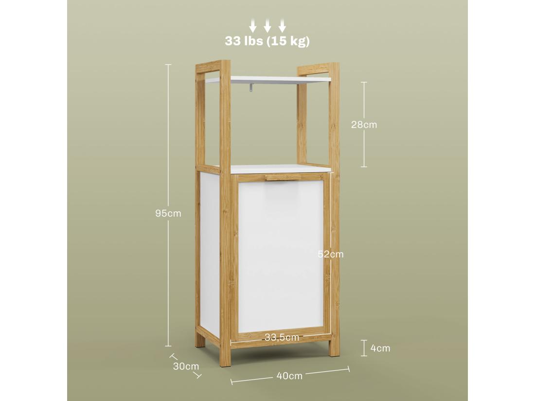 vente unique Meuble bas de salle de bain sur pied - 2 étagères panier à linge - dim. 40L x 30l x 86 5H cm - bambou MDF blanc