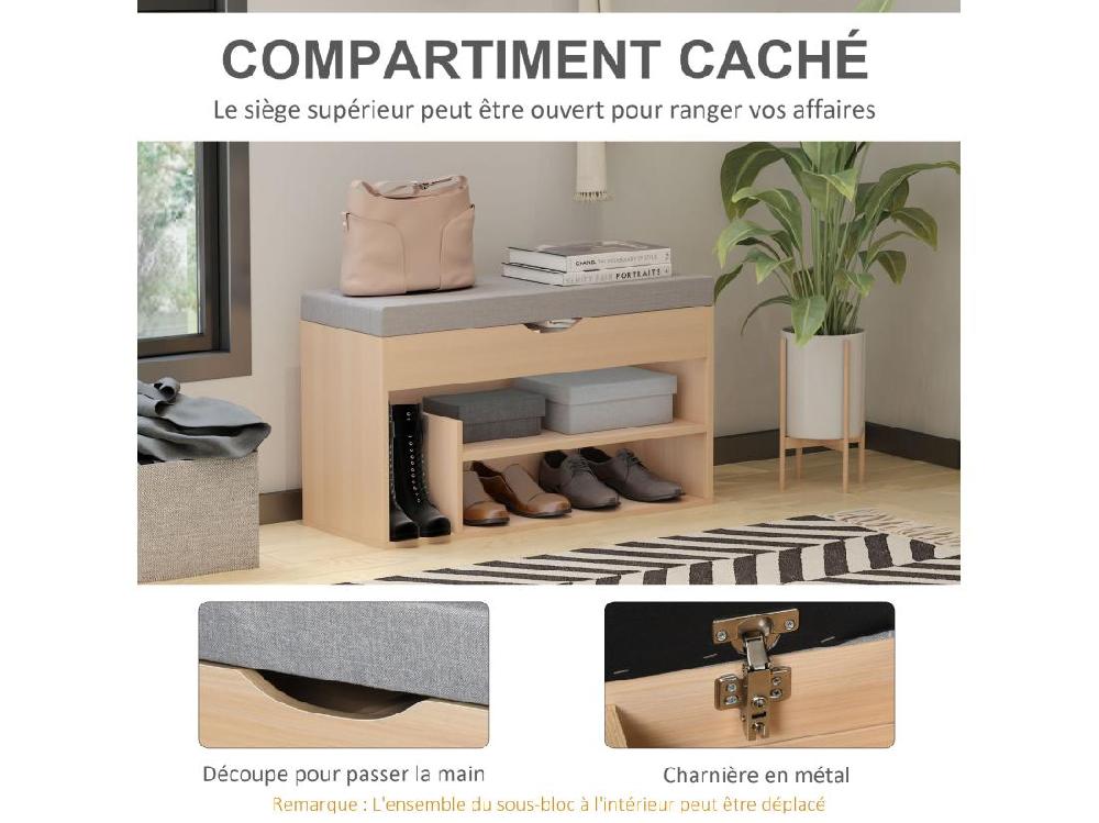 Vente Unique Meuble Chaussures Banc à Chaussures 2 Niveaux Rangement Niche + Coffre Intégré Avec Coussin Beige Gris