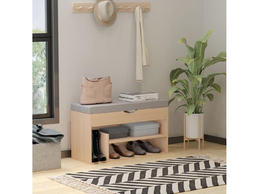 Vente Unique Meuble Chaussures Banc à Chaussures 2 Niveaux Rangement Niche + Coffre Intégré Avec Coussin Beige Gris