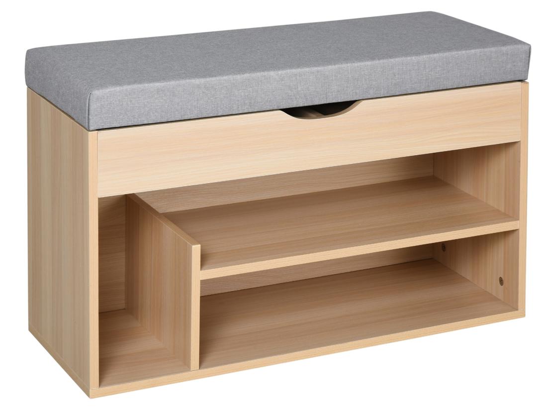 Vente Unique Meuble Chaussures Banc à Chaussures 2 Niveaux Rangement Niche + Coffre Intégré Avec Coussin Beige Gris