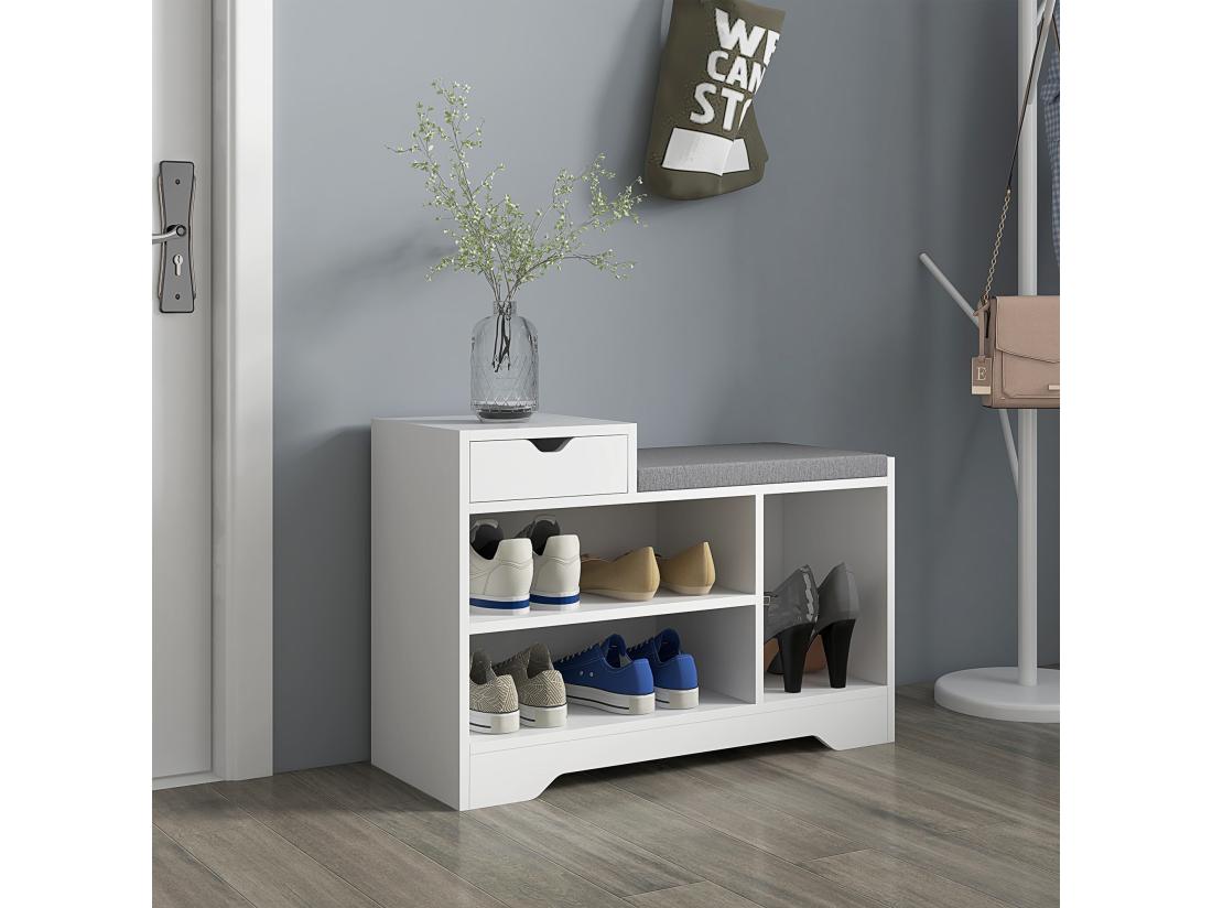 Vente Unique Meuble Chaussures Banc à Chaussures Tiroir 3 Niches Coussin Gris Inclus Panneaux Blanc