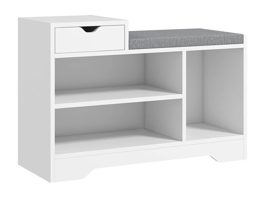 Vente Unique Meuble Chaussures Banc à Chaussures Tiroir 3 Niches Coussin Gris Inclus Panneaux Blanc