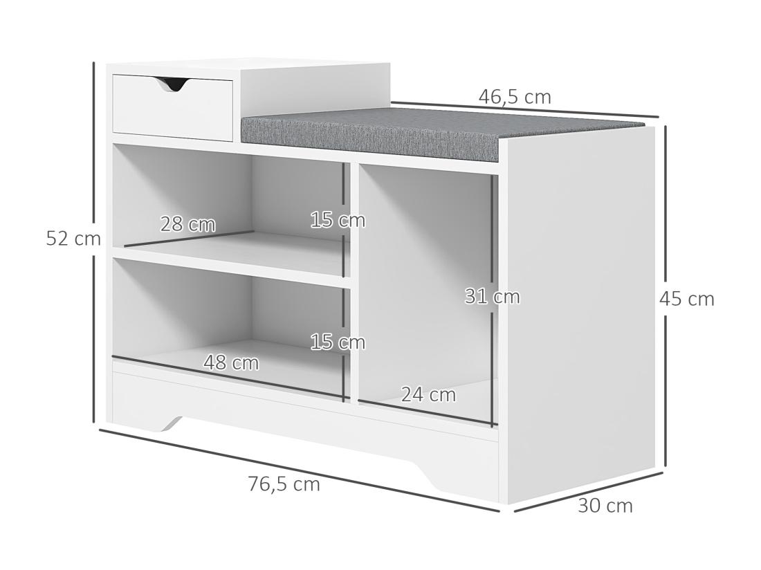 Vente Unique Meuble Chaussures Banc à Chaussures Tiroir 3 Niches Coussin Gris Inclus Panneaux Blanc