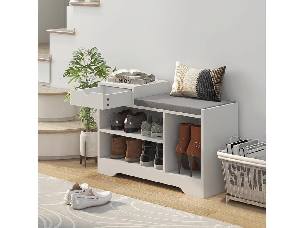 vente unique Meuble chaussures banc à chaussures tiroir 3 niches coussin gris inclus panneaux blanc