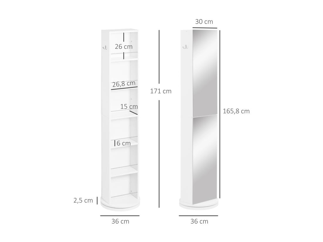 Vente Unique Meuble Colonne De Salle De Bain Pivotant Avec Miroir - 6 étagères - 36L X 36l X 171H Cm - Blanc