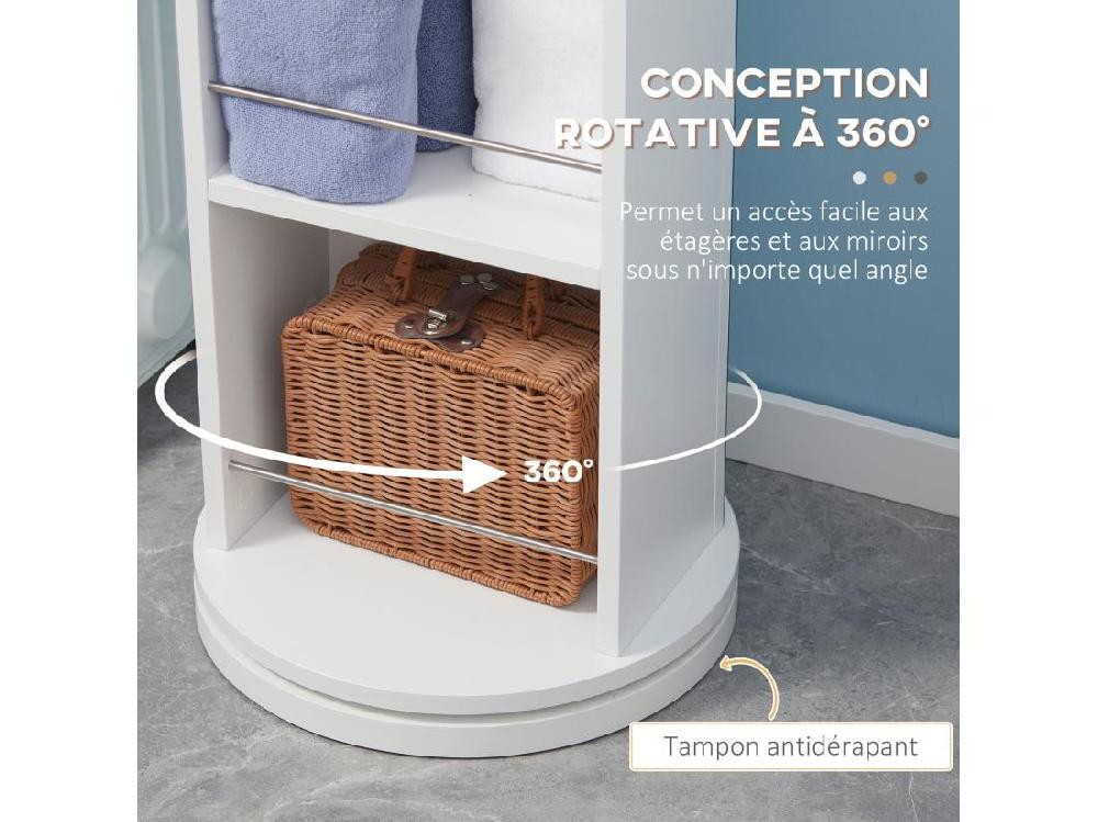 vente unique Meuble colonne de salle de bain pivotant avec miroir - 6 étagères - 36L x 36l x 171H cm - blanc