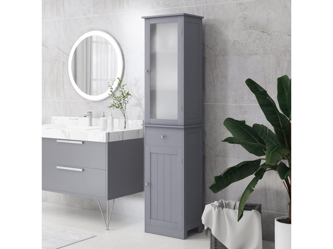 Vente Unique Meuble Colonne De Salle De Bain Placard Porte Acrylique 2 étagères Placard Porte 1 étagère Tiroir MDF Gris