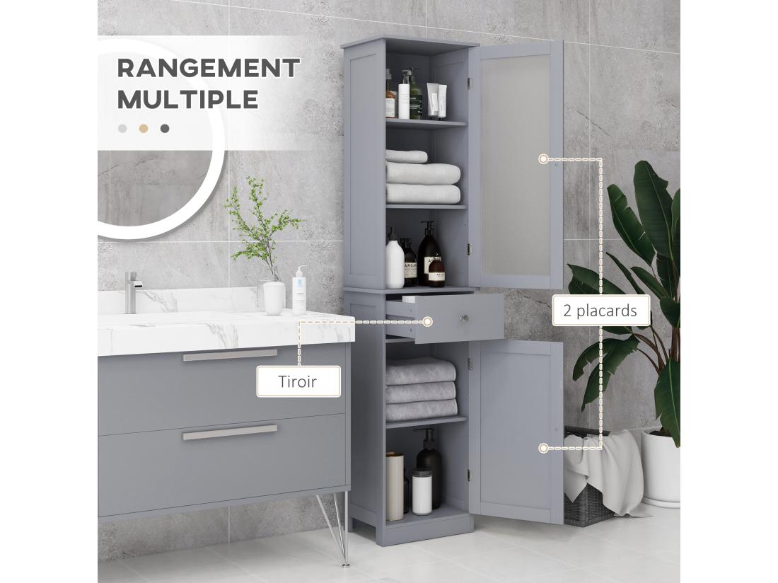 Vente Unique Meuble Colonne De Salle De Bain Placard Porte Acrylique 2 étagères Placard Porte 1 étagère Tiroir MDF Gris