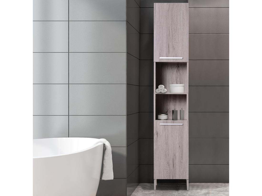 Vente Unique Meuble Colonne Rangement Salle De Bain Dim. 30L X 32l X 172H Cm 2 Placards Avec étagère + 2 Niches MDF Imitation Bois Gris