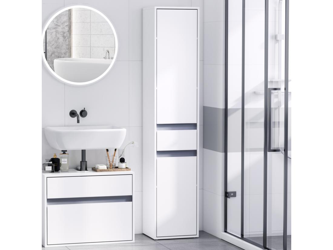 Vente Unique Meuble Colonne Rangement Salle De Bain Style Contemporain 2 Placards 3 étagères Et Tiroir Coulissant Panneaux Particules Blanc
