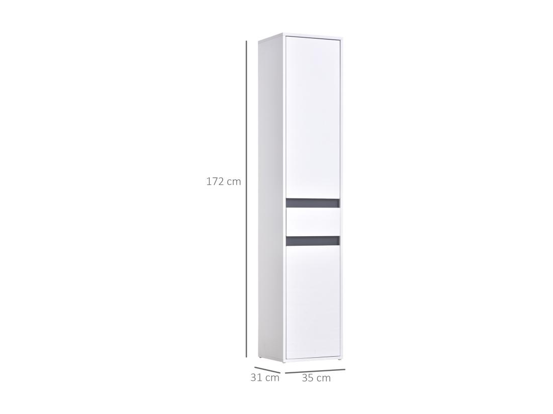 Vente Unique Meuble Colonne Rangement Salle De Bain Style Contemporain 2 Placards 3 étagères Et Tiroir Coulissant Panneaux Particules Blanc