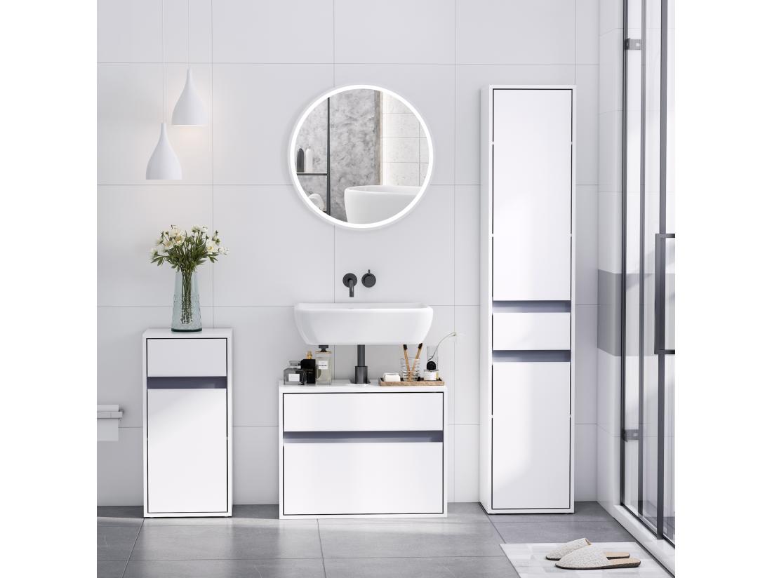 vente unique Meuble colonne rangement salle de bain style contemporain 2 placards 3 étagères et tiroir coulissant panneaux particules blanc