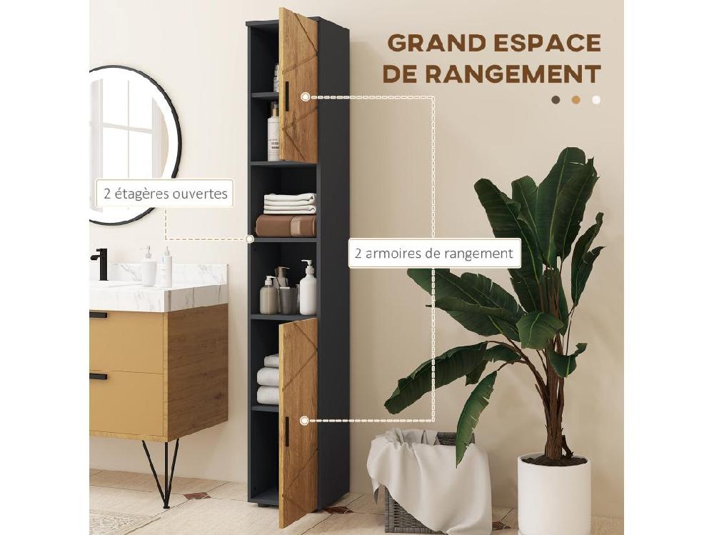 Vente Unique Meuble Colonne Rangement Salle De Bain Style Cosy 2 Portes 2 étagères 2 Niches Anthracite Aspect Bois