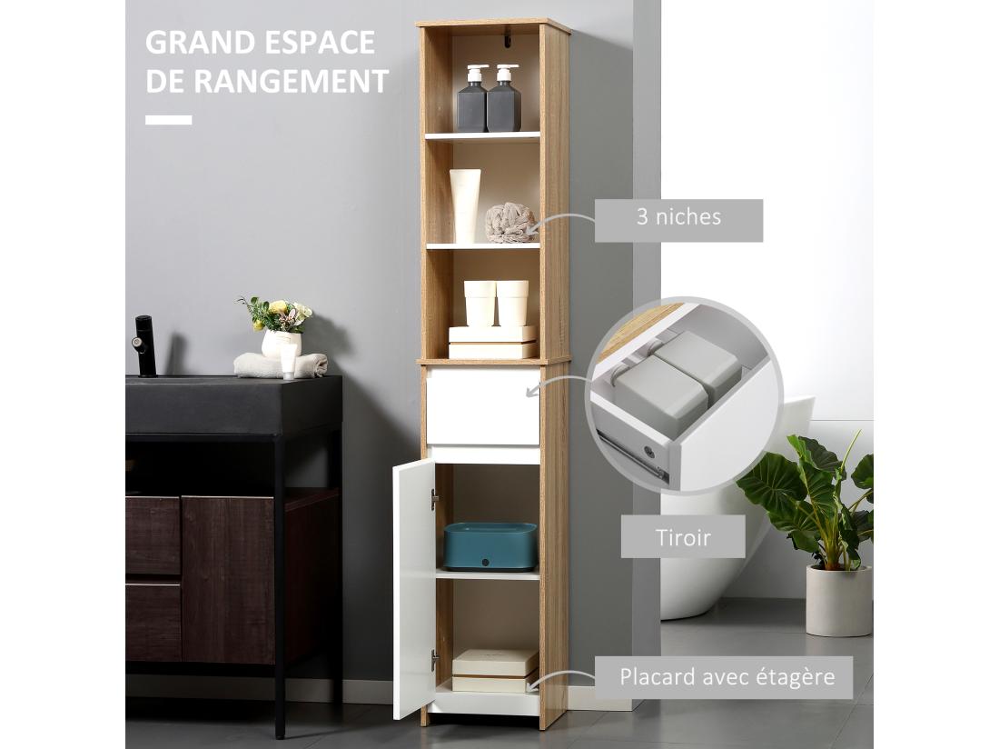 Vente Unique Meuble Colonne Rangement Salle De Bain Style Cosy 3 Niches Tiroir Placard Avec étagère Blanc Aspect Chêne Clair