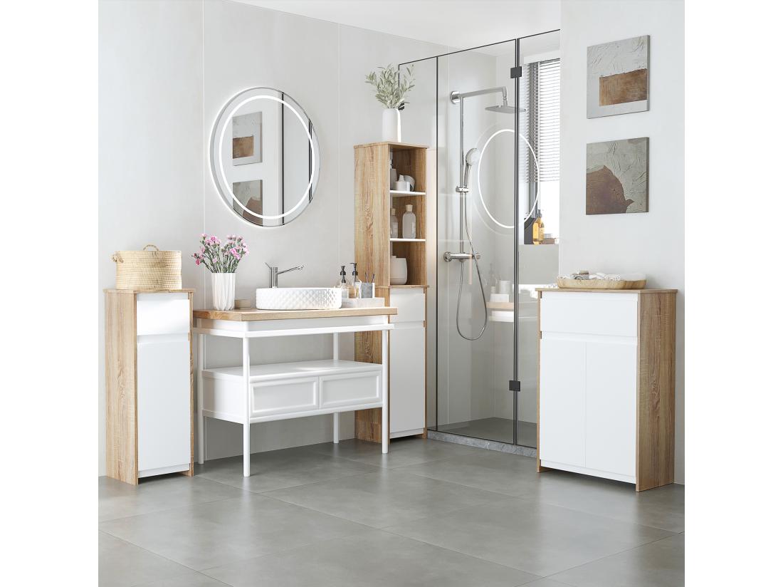 Vente Unique Meuble Colonne Rangement Salle De Bain Style Cosy 3 Niches Tiroir Placard Avec étagère Blanc Aspect Chêne Clair