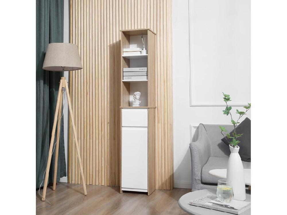 vente unique Meuble colonne rangement salle de bain style cosy 3 niches tiroir placard avec étagère blanc aspect chêne clair