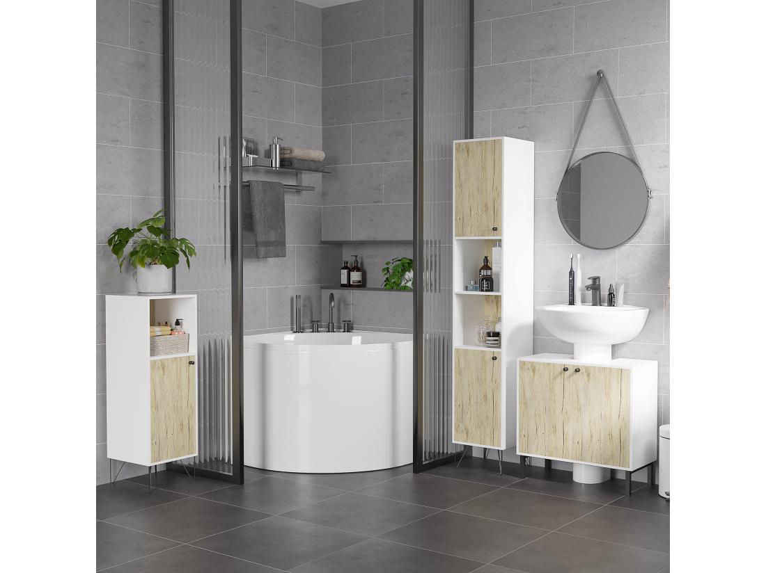 Vente Unique Meuble Colonne Rangement Salle De Bain Style Cosy 2 Niches 2 Portes Avec étagère Piètement épingle Acier Noir Blanc Aspect Chêne Clair