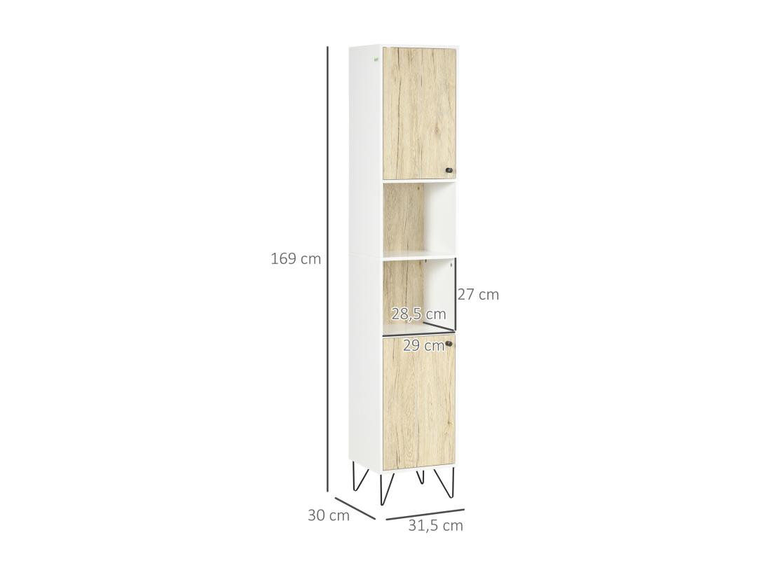 Vente Unique Meuble Colonne Rangement Salle De Bain Style Cosy 2 Niches 2 Portes Avec étagère Piètement épingle Acier Noir Blanc Aspect Chêne Clair