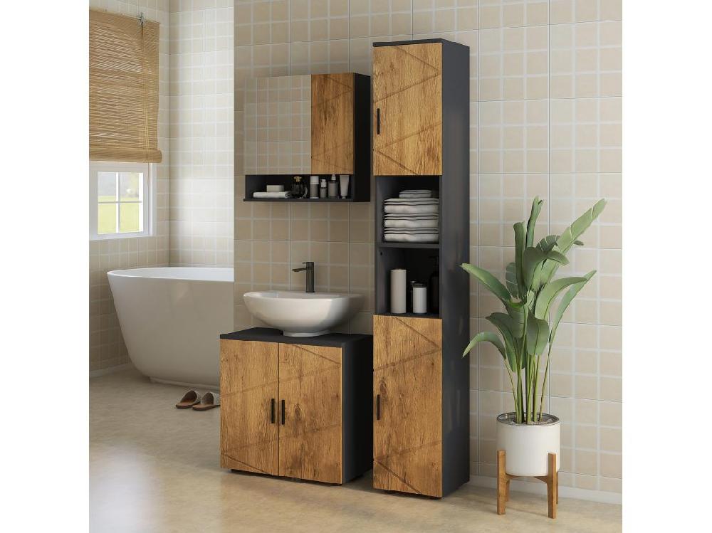 vente unique Meuble colonne rangement salle de bain style cosy 2 portes 2 étagères 2 niches anthracite aspect bois