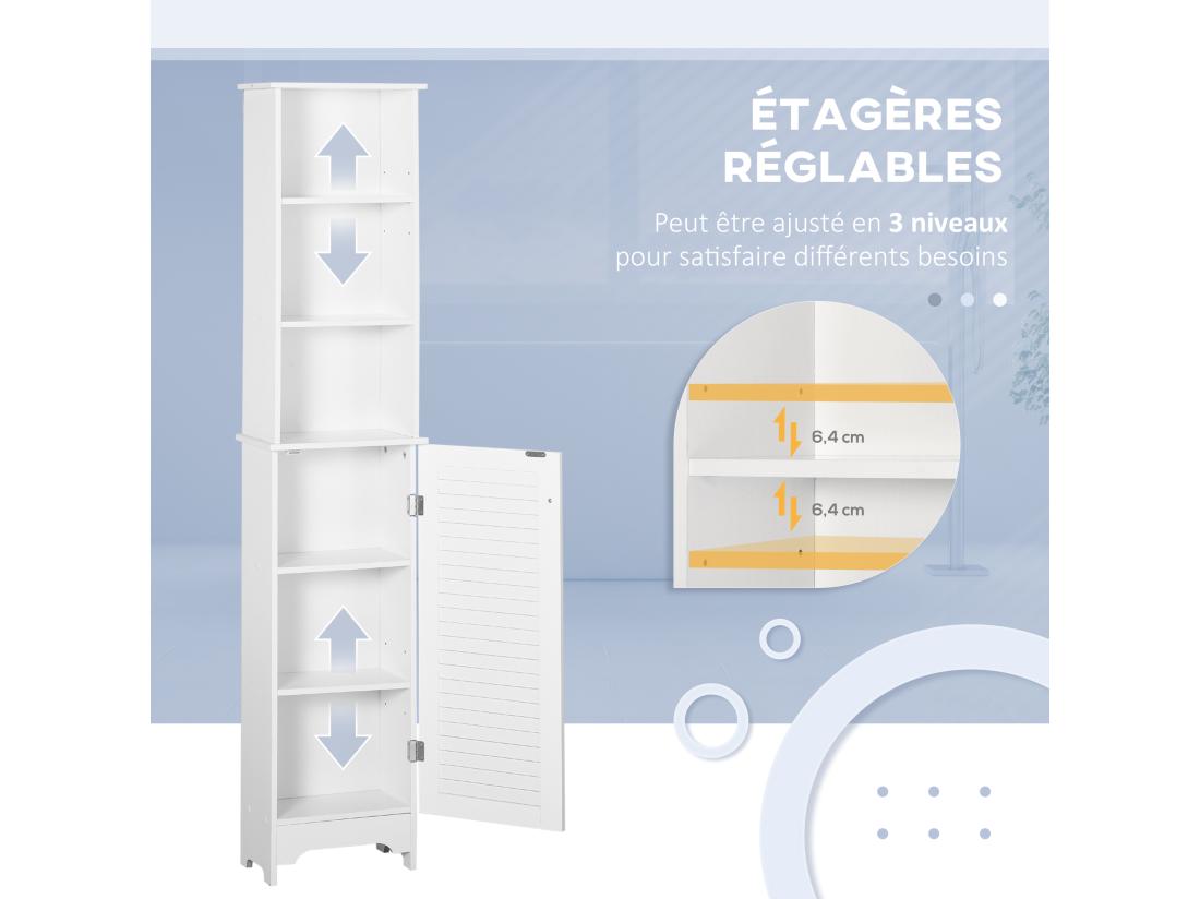 Vente Unique Meuble Colonne Salle De Bain 3 Niches Placard Porte Persienne 3 étagères MDF Panneaux De Particules Blanc