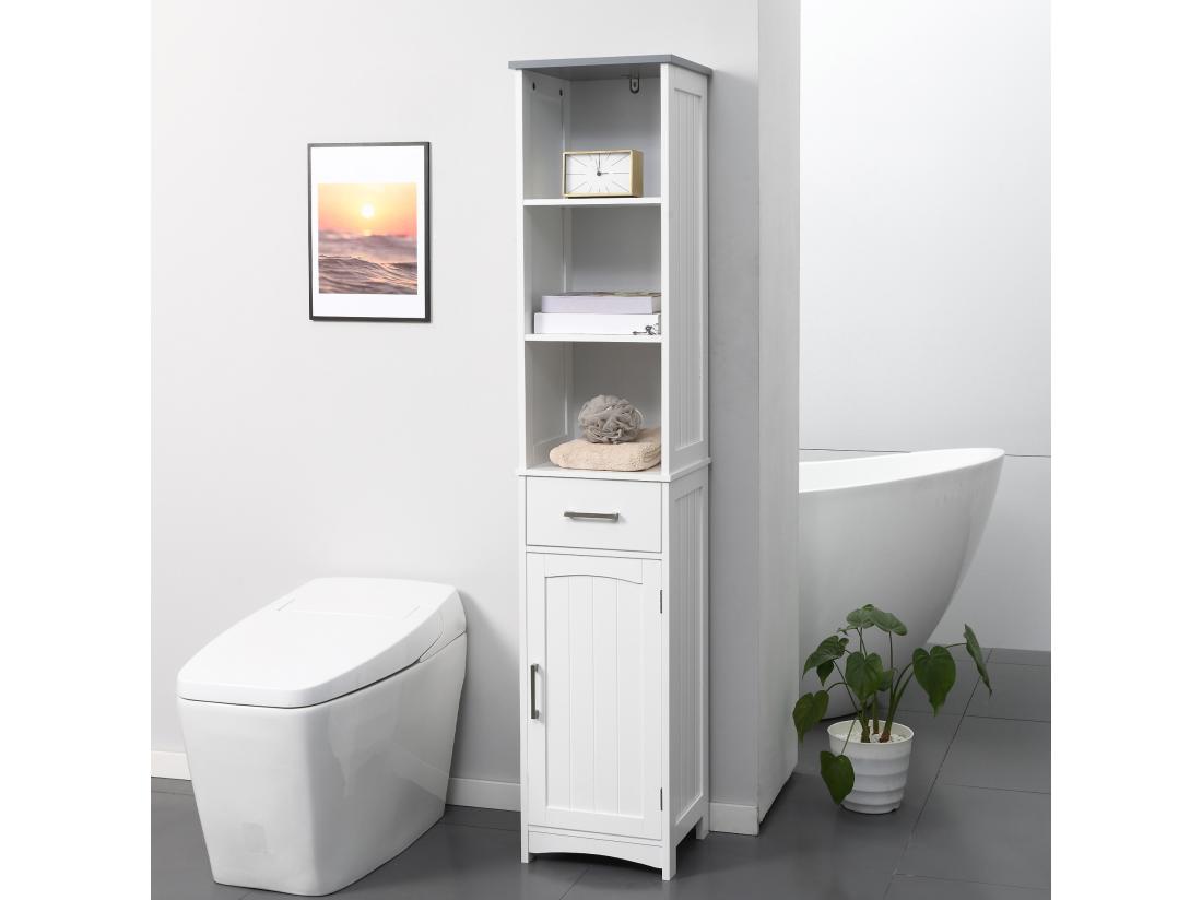 Vente Unique Meuble Colonne Salle De Bain - 3 Niches Placard Porte étagère Tiroir - MDF Blanc Gris