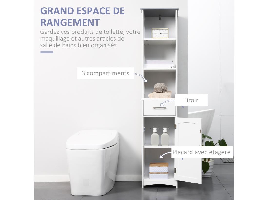 Vente Unique Meuble Colonne Salle De Bain - 3 Niches Placard Porte étagère Tiroir - MDF Blanc Gris