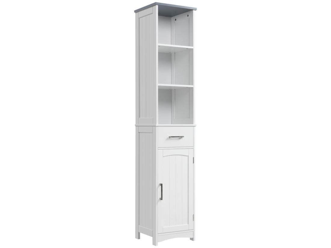Vente Unique Meuble Colonne Salle De Bain - 3 Niches Placard Porte étagère Tiroir - MDF Blanc Gris