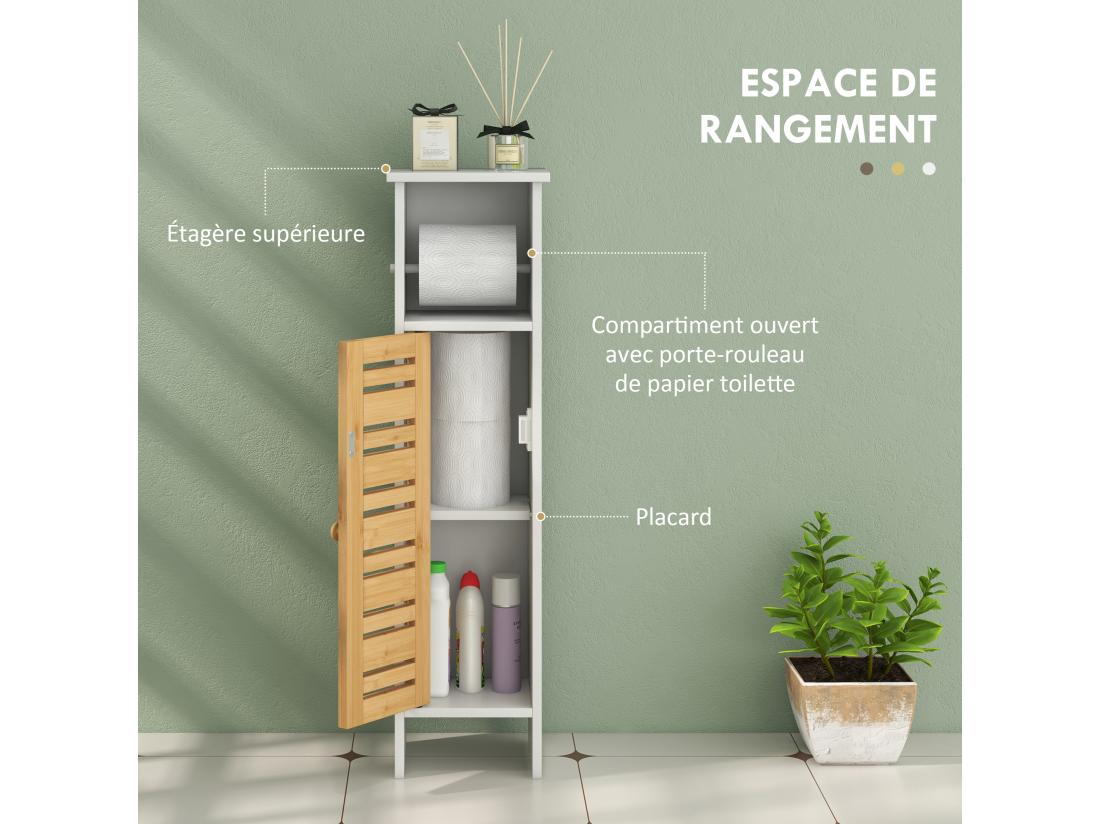 Vente Unique Meuble Colonne WC Salle De Bain Style Cosy Chic Porte étagère Support Papier Blanc Bambou