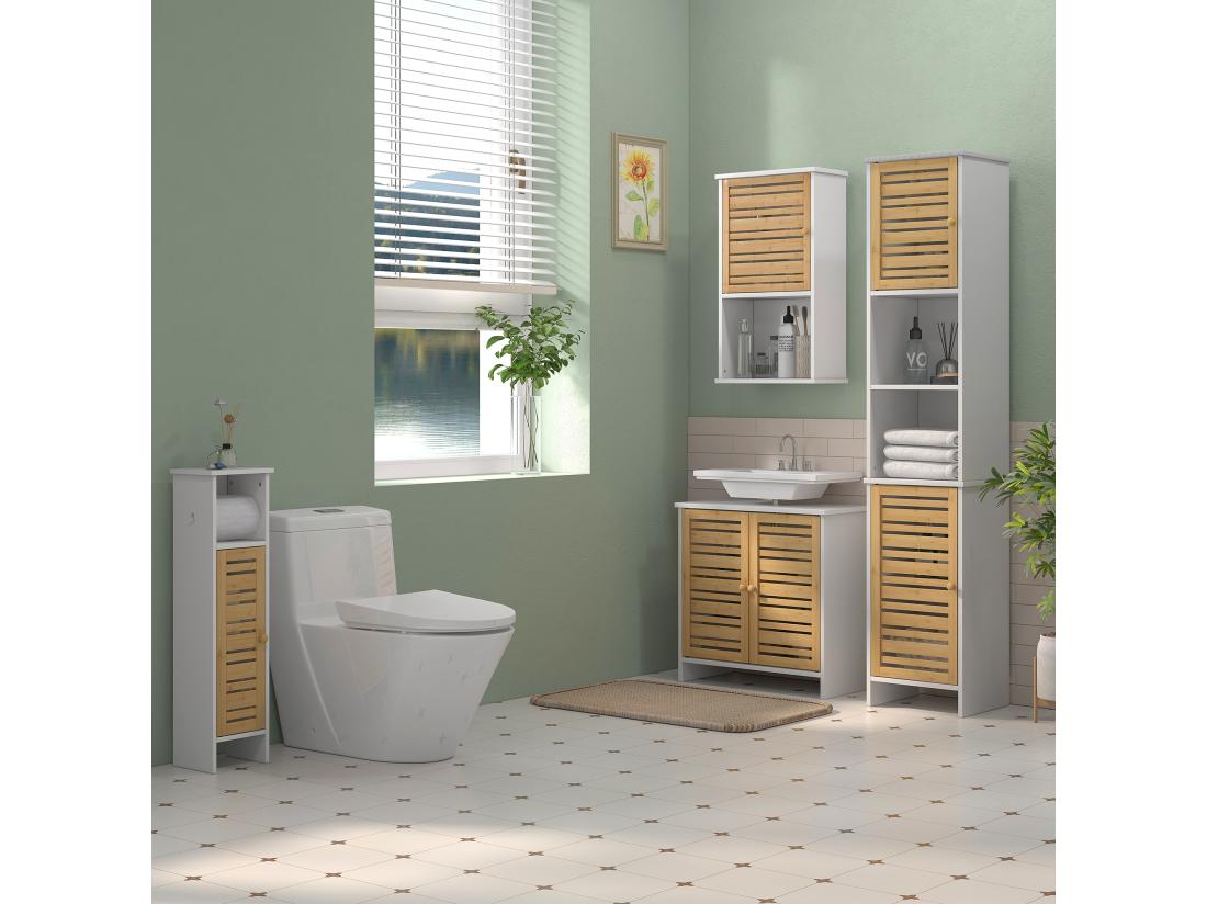 Vente Unique Meuble Colonne WC Salle De Bain Style Cosy Chic Porte étagère Support Papier Blanc Bambou