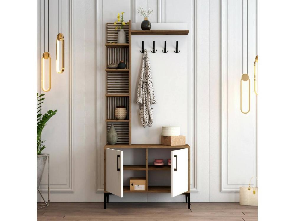 Vente Unique Meuble D'entrée Calista Crochet D'entrée Composition Pour L'atrium Console De Rangement Multifonction 90x35h200 Cm Noyer Et Blanc